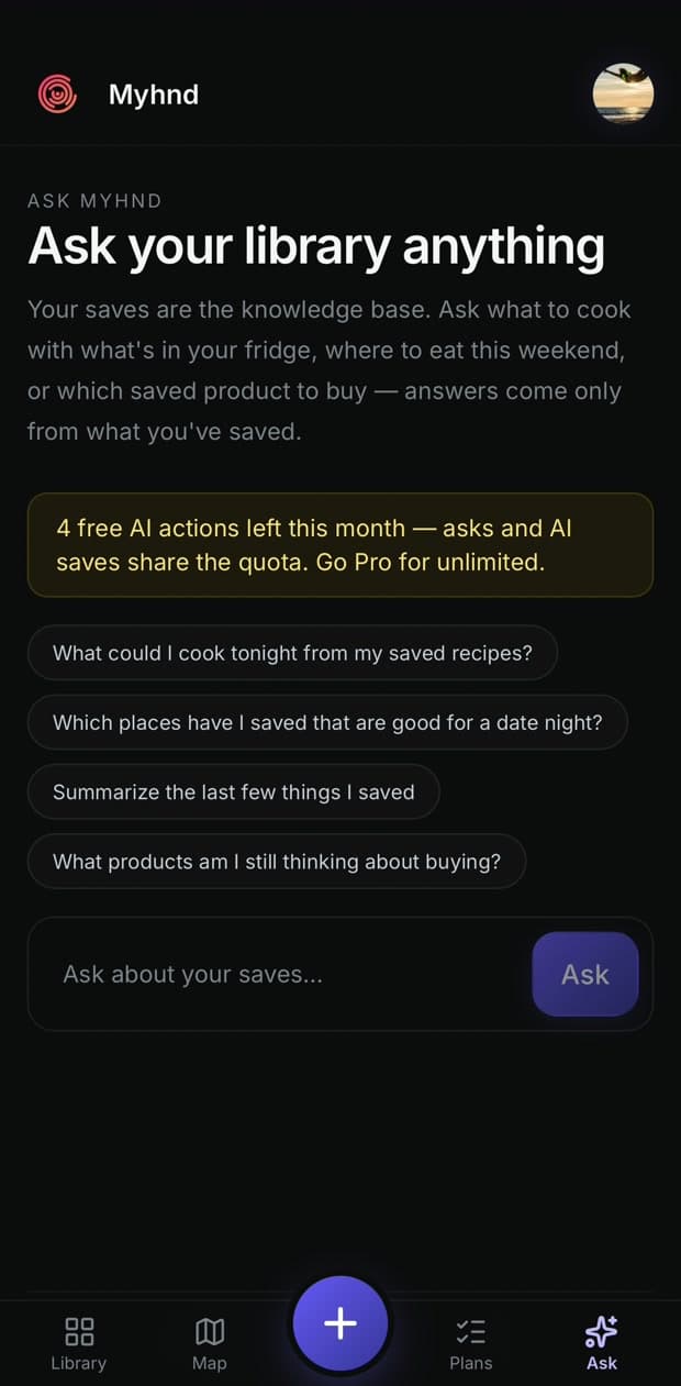The Ask Myhnd screen, with suggested questions like what could I cook tonight from my saved recipes