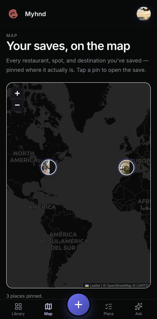 The Map screen in Myhnd showing saved places pinned across the world with their thumbnails