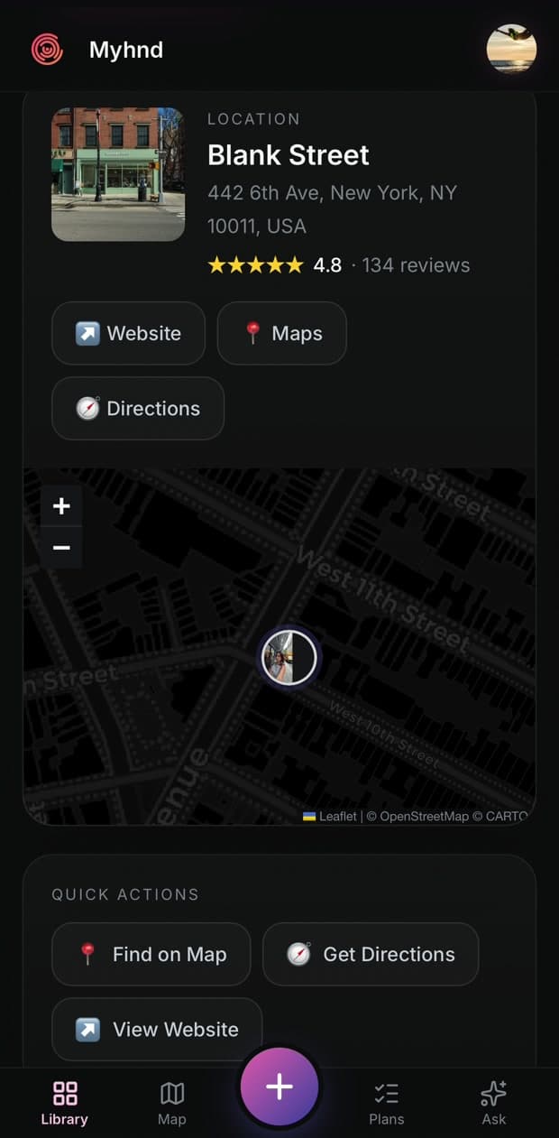 A saved TikTok resolved to Blank Street in New York: address, 4.8 stars from 134 reviews, buttons for website, maps and directions, and the place pinned on an in-app map