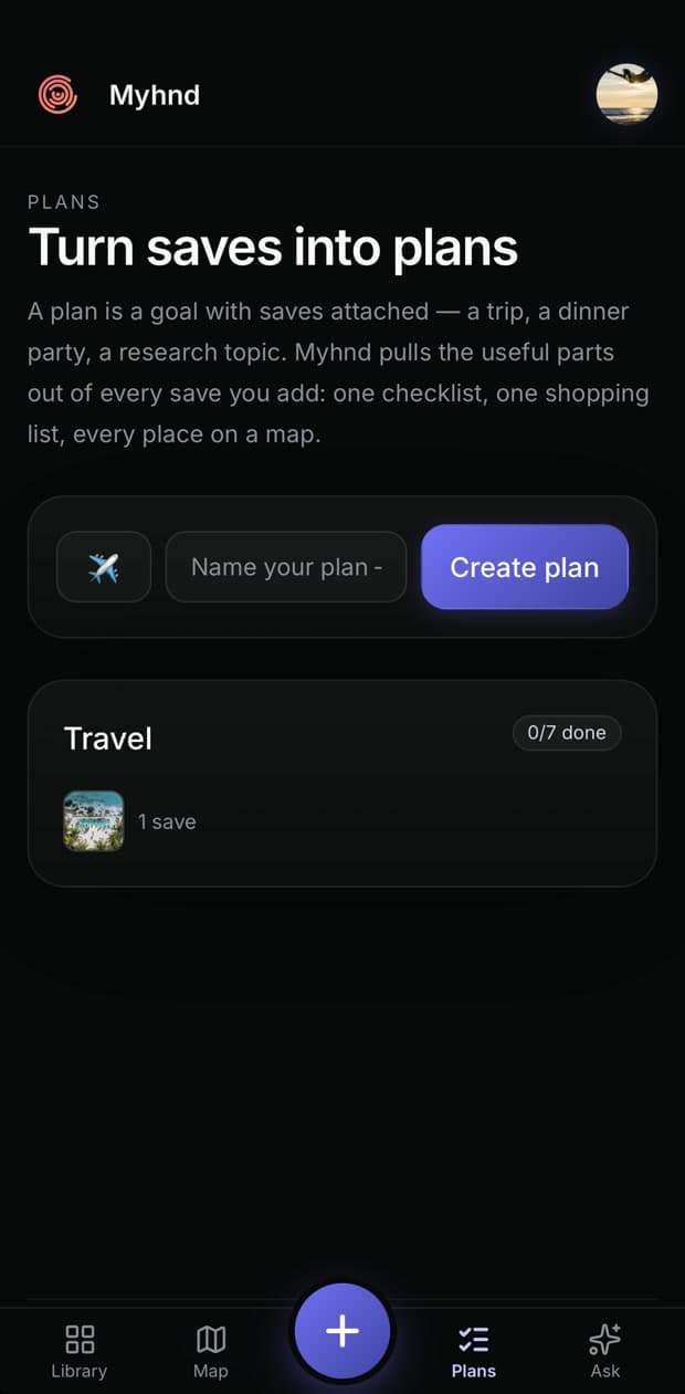 The Plans screen in Myhnd, with a Travel plan and a checklist progress count