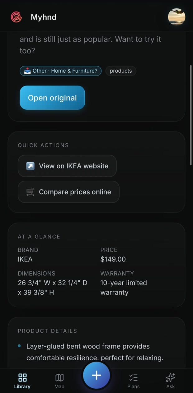 A saved IKEA product in Myhnd: quick actions to view the store page or compare prices online, plus brand, price, dimensions, warranty and the key product details